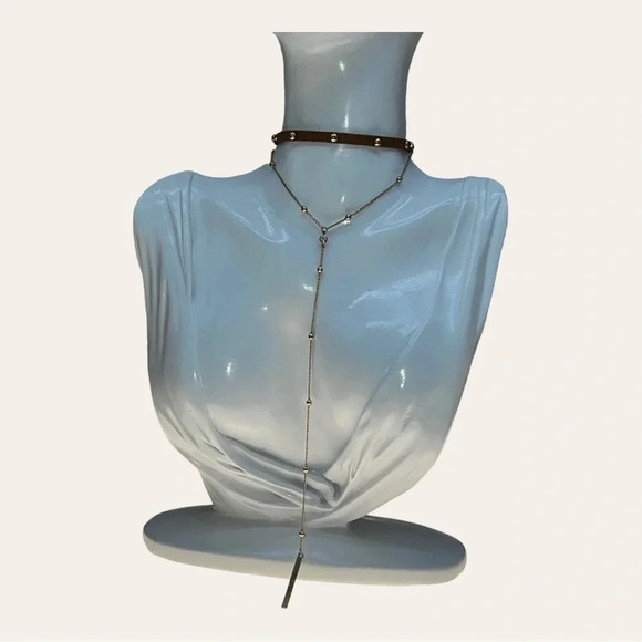 REVOLVE X ETK BY ETTIKA CHOKER NECKLACE FAUX SUEDE WITH STUDS/GOLD ACCENT DANGLE - Picture 2 of 13